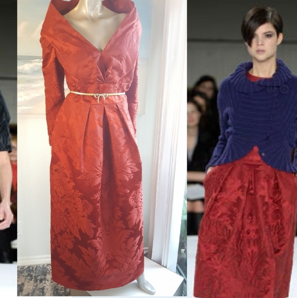 $6,400 OSCAR DE LA RENTA EXCLUS RED SILK BROCADE RUNWAY GOWN 6 - Picture 6 of 15